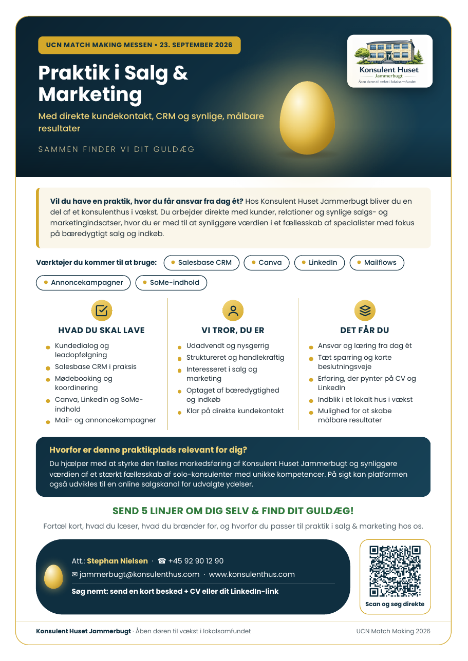 One-pager om praktikpladsen i salg og marketing hos Konsulent Huset Jammerbugt – UCN Match Making Messen